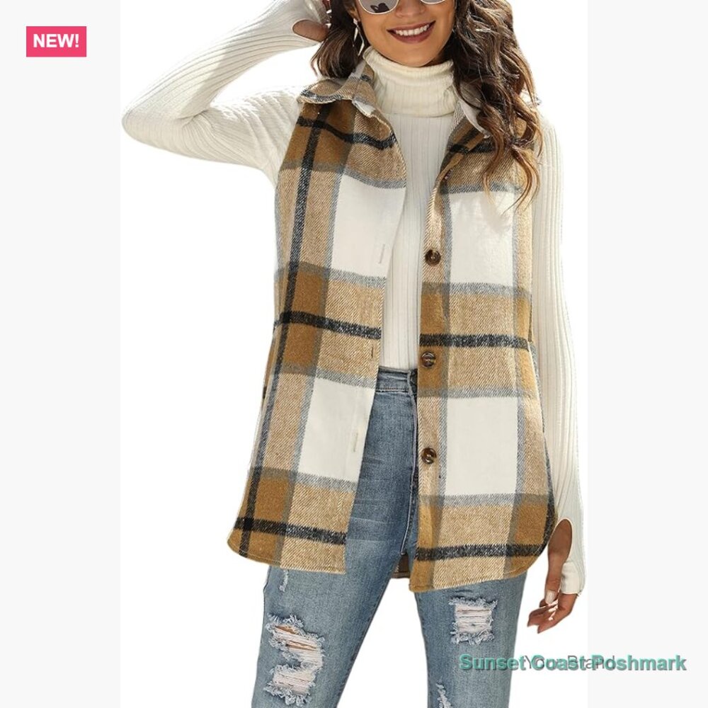 Womens Flannel Plaid Vest Button Down Sleeveless Jacket With Pockets